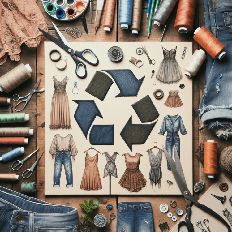 Representação artística do upcycling na moda, mostrando roupas antigas sendo transformadas em novas peças estilosas.